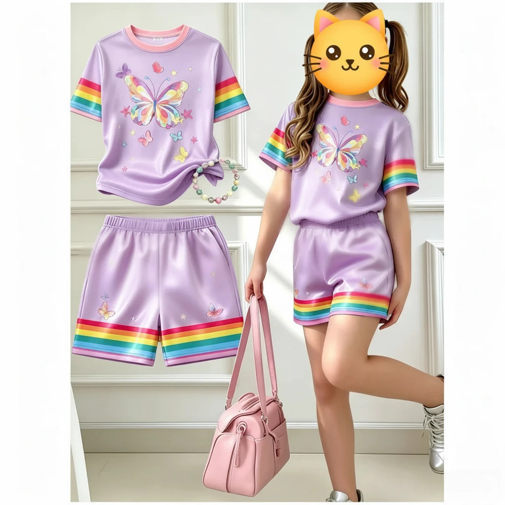 Girls T-SHIRT Butterfly Graphic + Short Rainbow