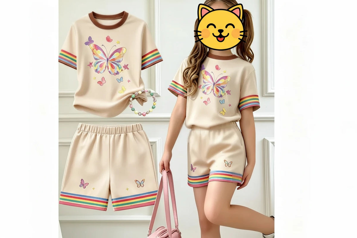 Girls T-SHIRT Butterfly Graphic + Short Rainbow