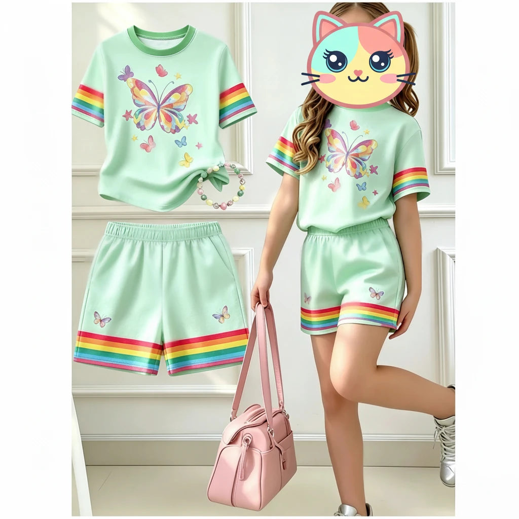 Girls T-SHIRT Butterfly Graphic + Short Rainbow