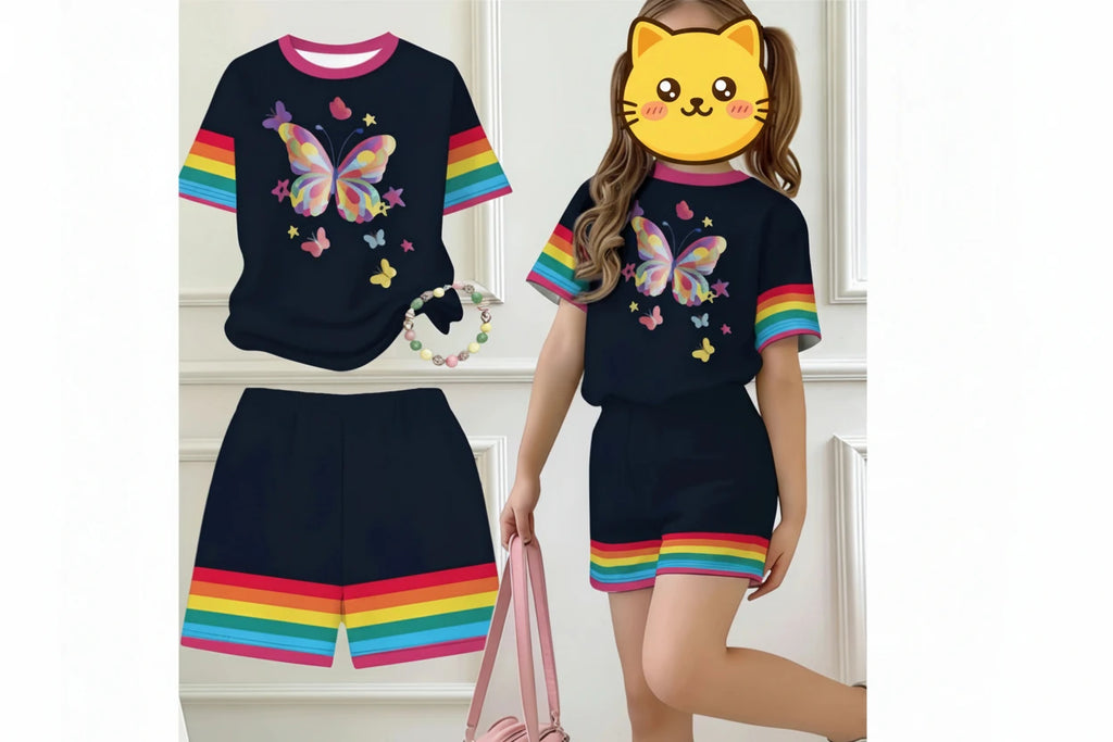Girls T-SHIRT Butterfly Graphic + Short Rainbow
