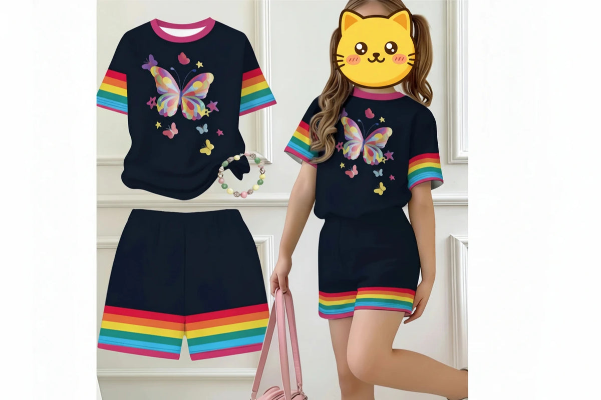 Girls T-SHIRT Butterfly Graphic + Short Rainbow