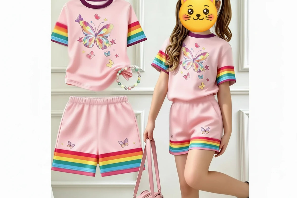 Girls T-SHIRT Butterfly Graphic + Short Rainbow