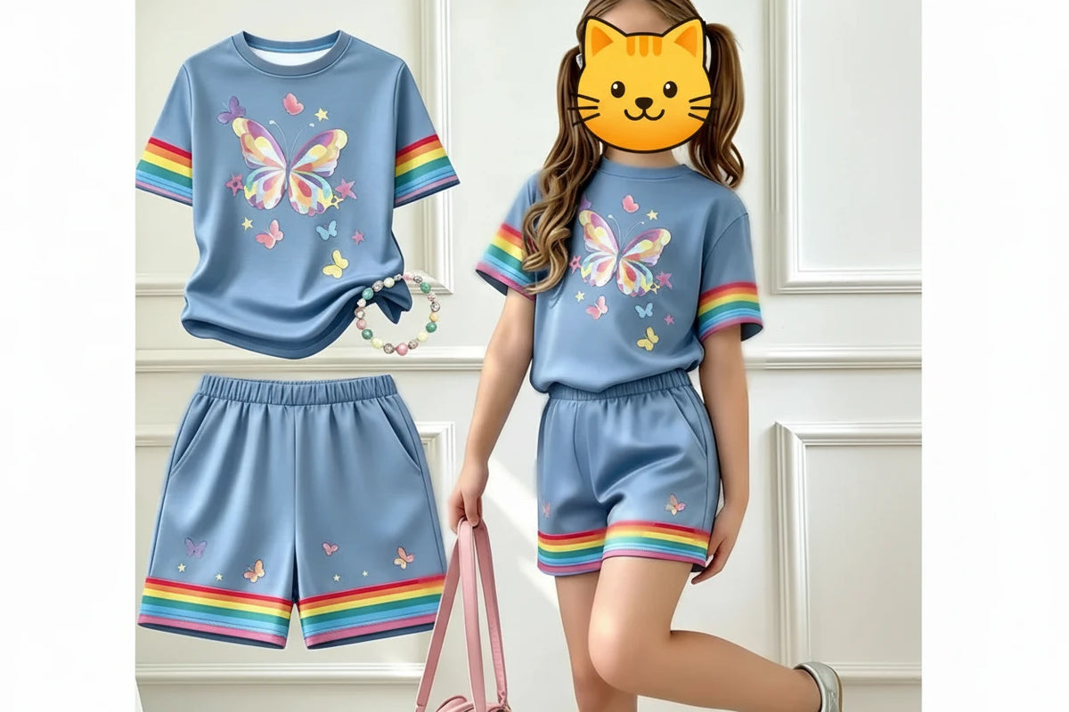 Girls T-SHIRT Butterfly Graphic + Short Rainbow
