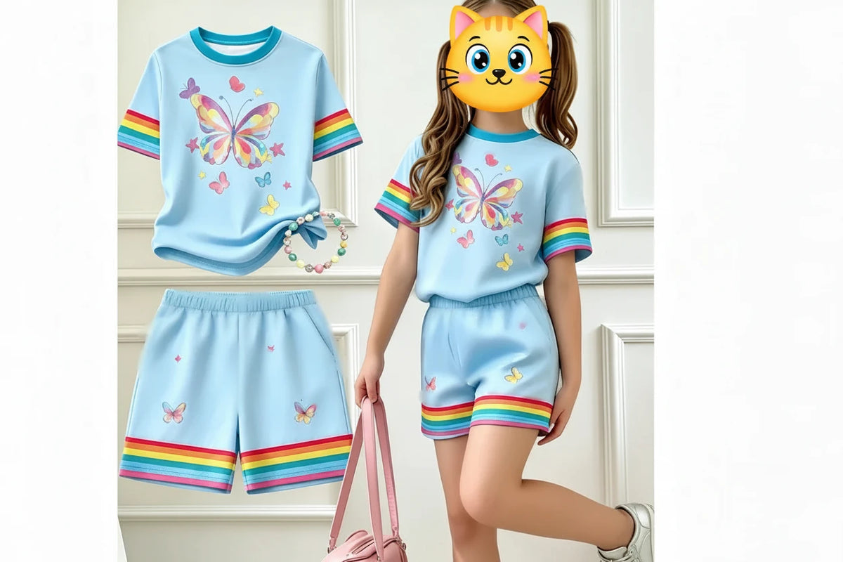 Girls T-SHIRT Butterfly Graphic + Short Rainbow
