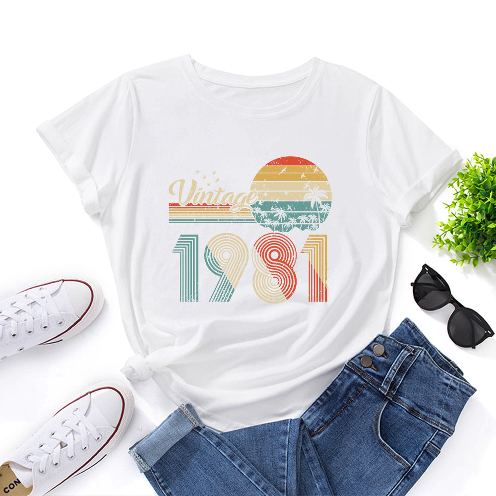 vintage 1981 Print Women T Shirt Short Sleeve O Neck Loose Women