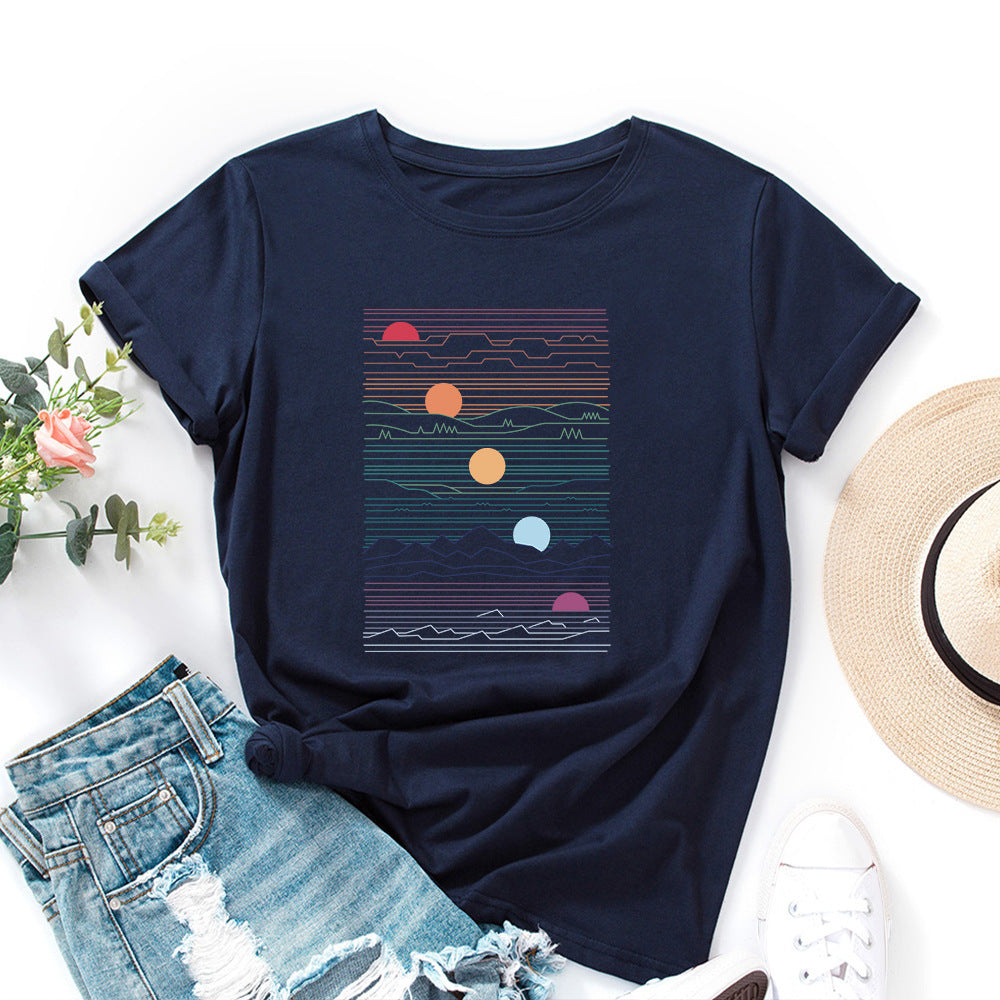 100% Cotton Summer T-Shirt Woman Loose Shirts Fashion Sunrise Print