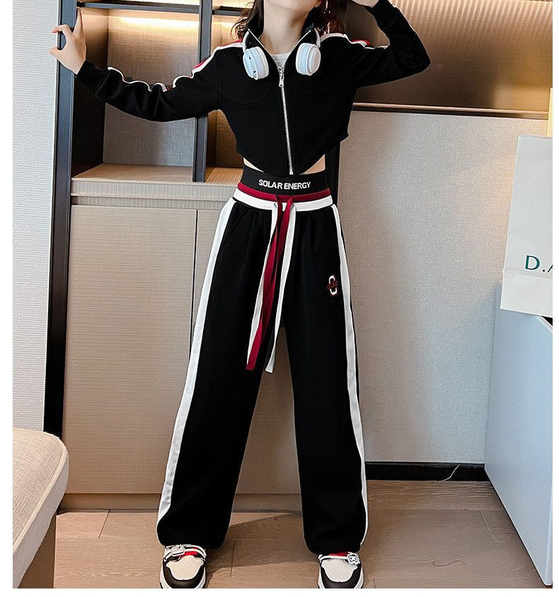 Teenager Girl Sports Autumn Winter Kids Clothes Crop Top Hooded Jacket + Wide Leg Pants Tracksuit Children 9 10 11 12 13 14 Year