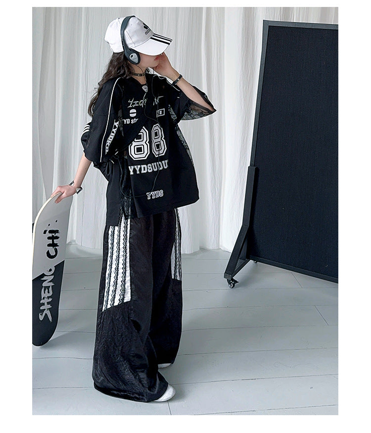 Girls Summer Lace Splicing T-Shirt with Cool Digital Print Short Sleeve Loose Casual Trousers
