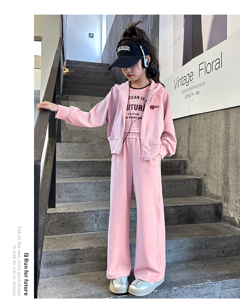 2 PCS Teenager girls Suit Clothes Bat crop Top jacket hooded & wide leg Pants