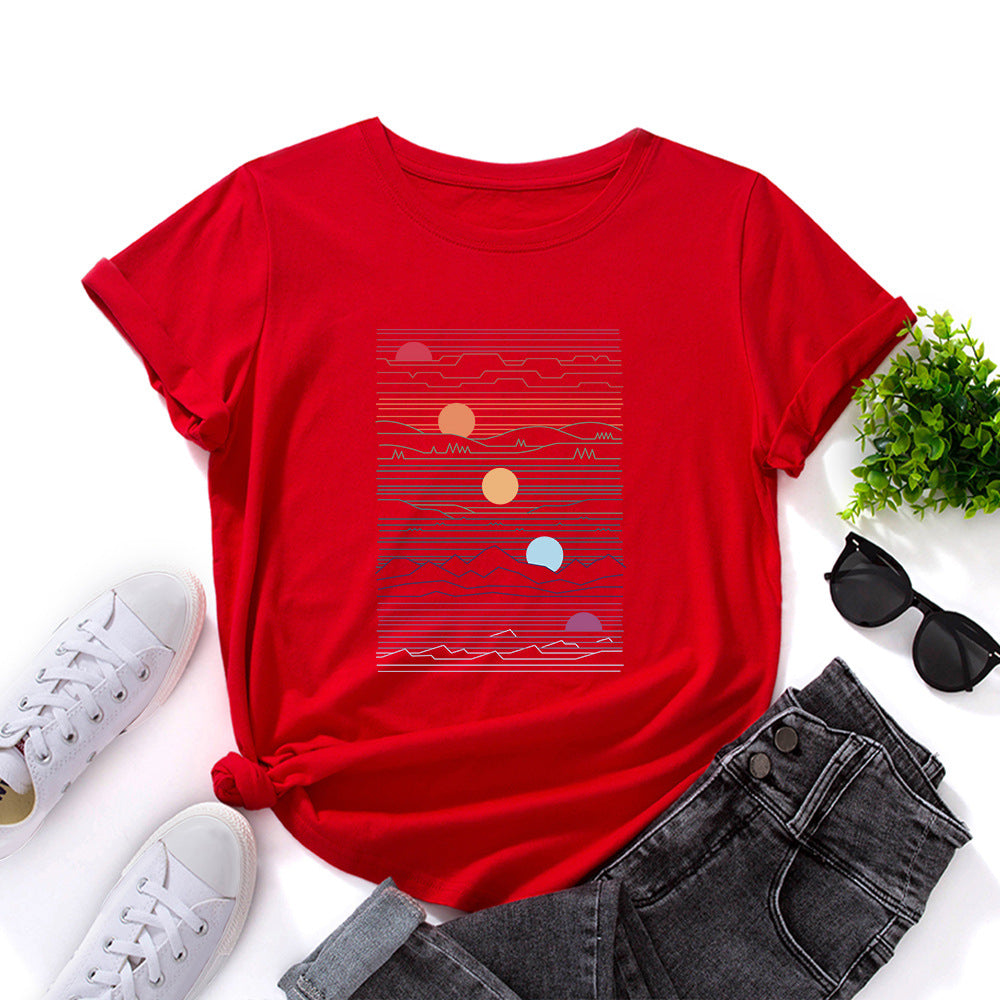 100% Cotton Summer T-Shirt Woman Loose Shirts Fashion Sunrise Print