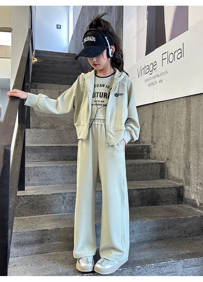 2 PCS Teenager girls Suit Clothes Bat crop Top jacket hooded & wide leg Pants