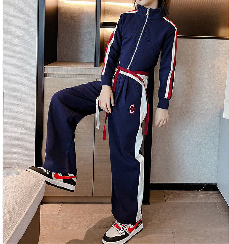 Teenager Girl Sports Autumn Winter Kids Clothes Crop Top Hooded Jacket + Wide Leg Pants Tracksuit Children 9 10 11 12 13 14 Year