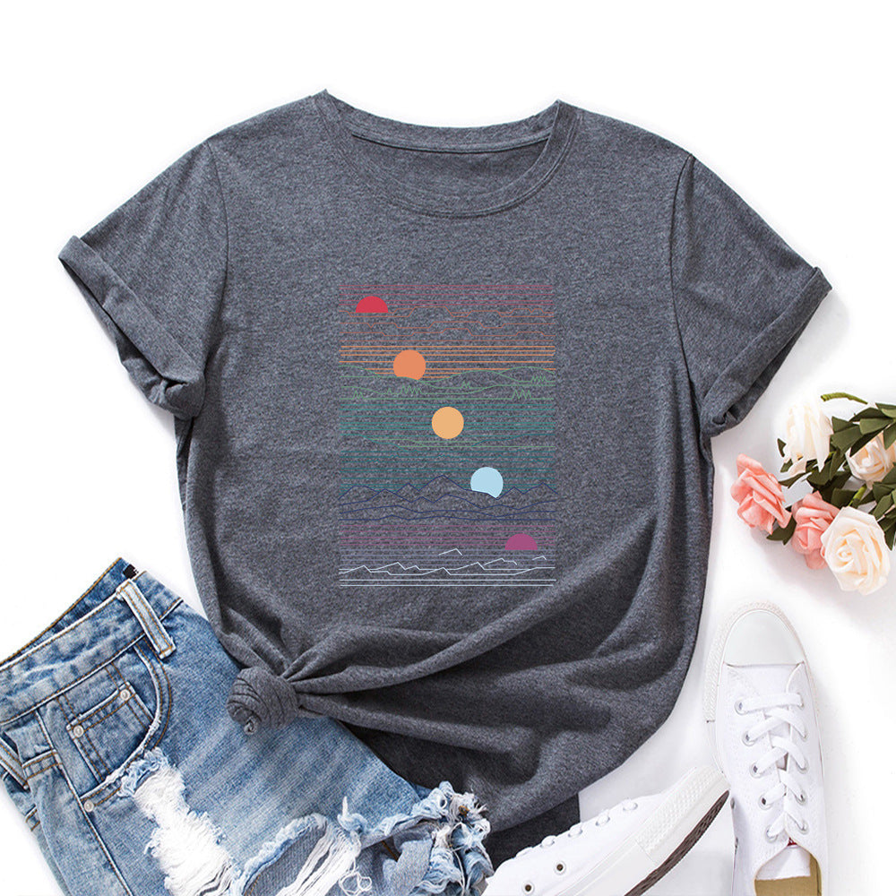 100% Cotton Summer T-Shirt Woman Loose Shirts Fashion Sunrise Print