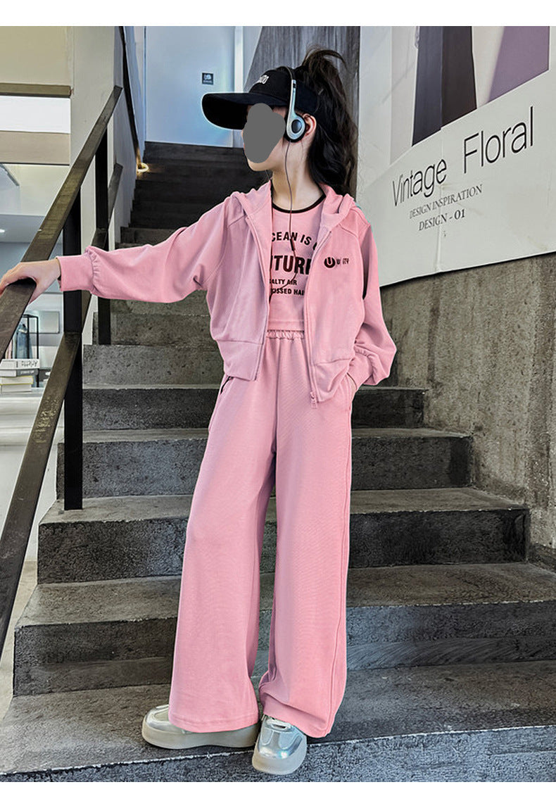 2 PCS Teenager girls Suit Clothes Bat crop Top jacket hooded & wide leg Pants
