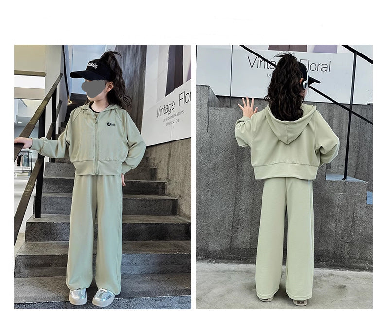 2 PCS Teenager girls Suit Clothes Bat crop Top jacket hooded & wide leg Pants
