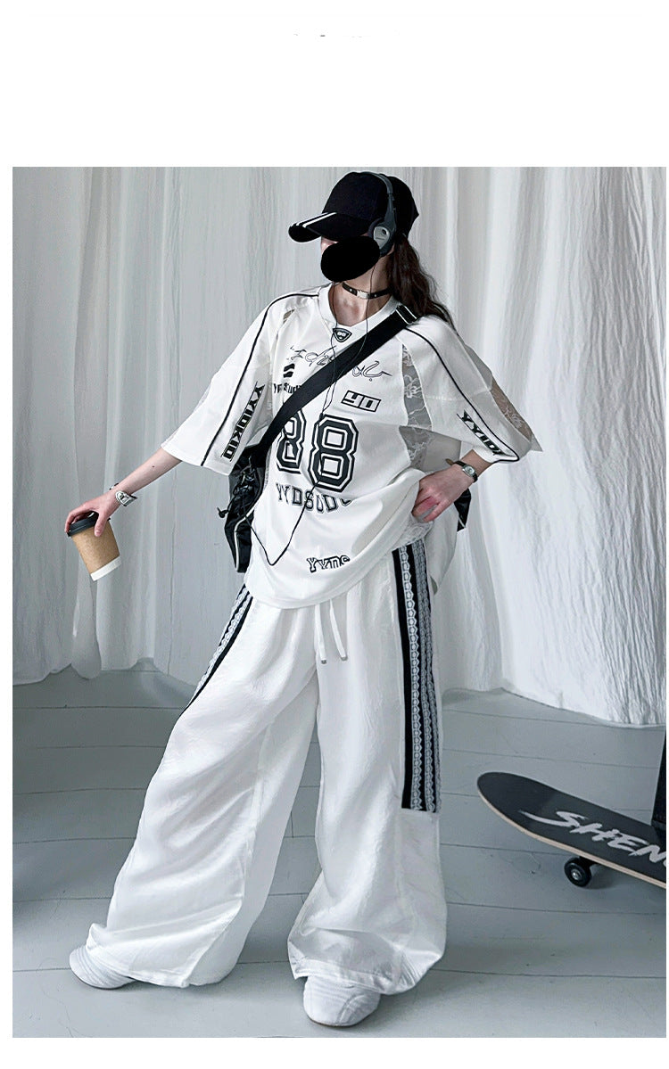 Girls Summer Lace Splicing T-Shirt with Cool Digital Print Short Sleeve Loose Casual Trousers