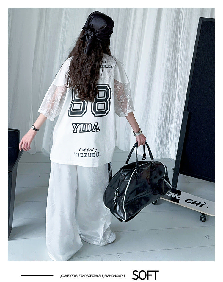 Girls Summer Lace Splicing T-Shirt with Cool Digital Print Short Sleeve Loose Casual Trousers