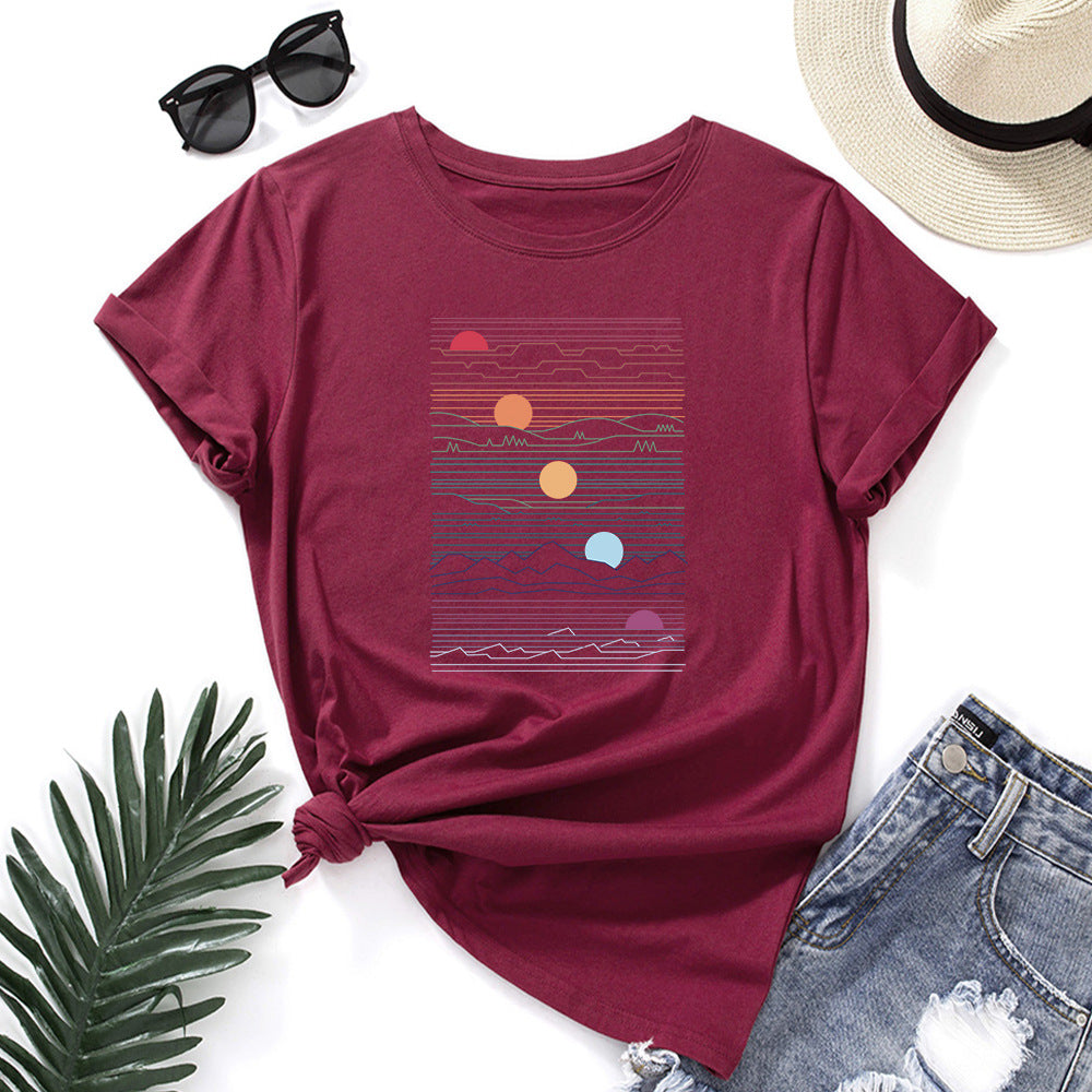 100% Cotton Summer T-Shirt Woman Loose Shirts Fashion Sunrise Print