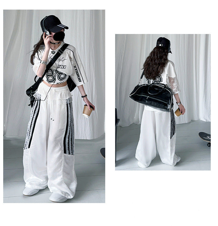 Girls Summer Lace Splicing T-Shirt with Cool Digital Print Short Sleeve Loose Casual Trousers