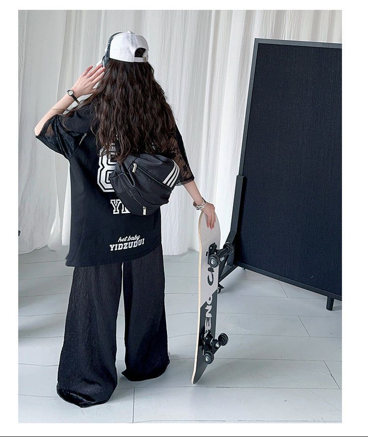 Girls Summer Lace Splicing T-Shirt with Cool Digital Print Short Sleeve Loose Casual Trousers