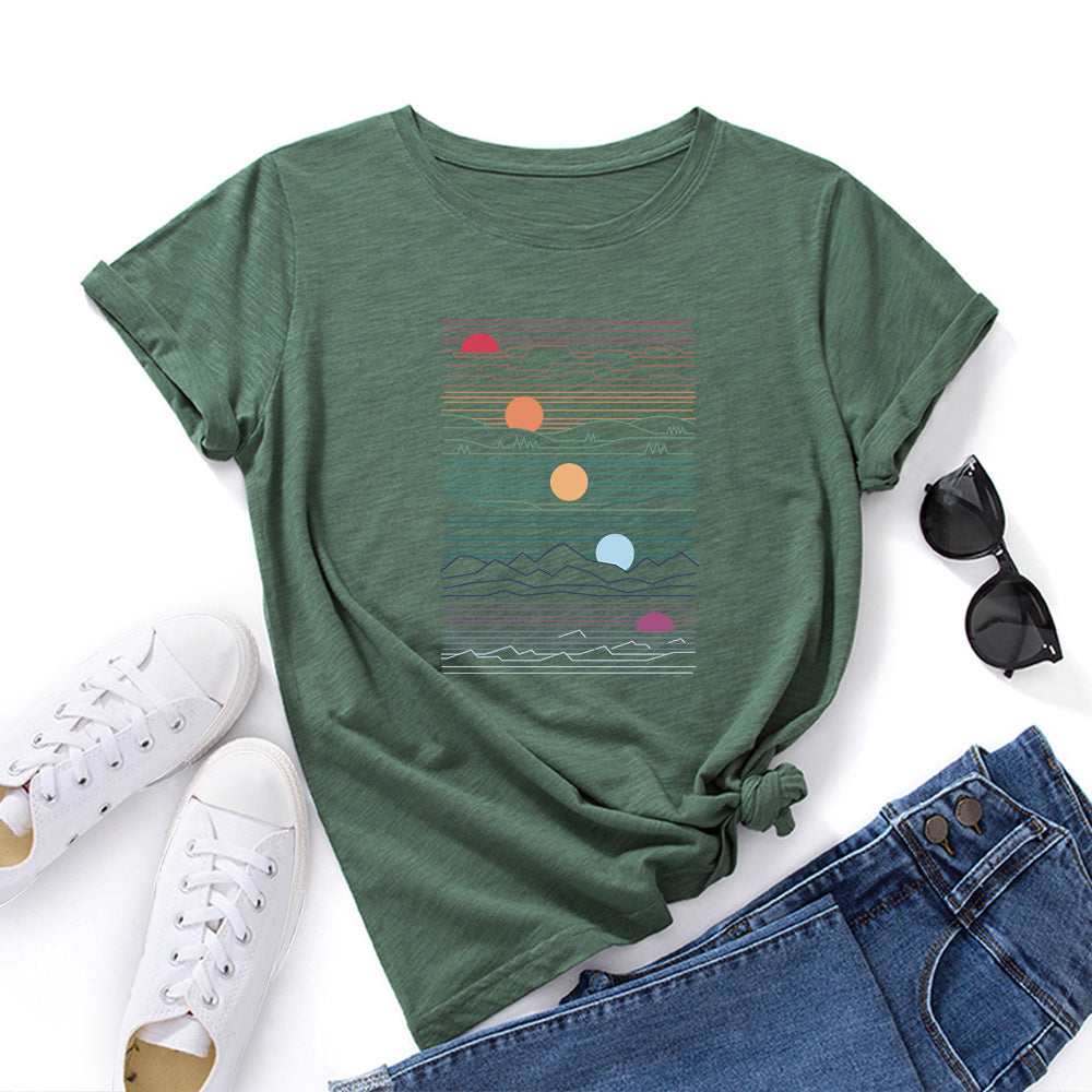 100% Cotton Summer T-Shirt Woman Loose Shirts Fashion Sunrise Print