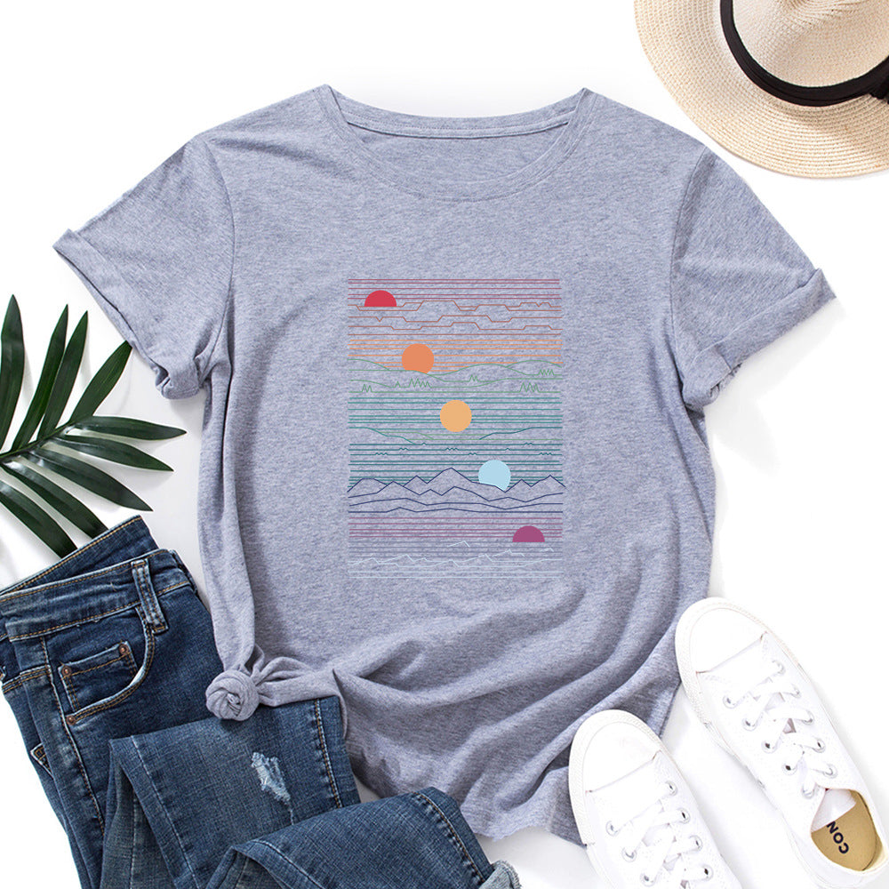 100% Cotton Summer T-Shirt Woman Loose Shirts Fashion Sunrise Print