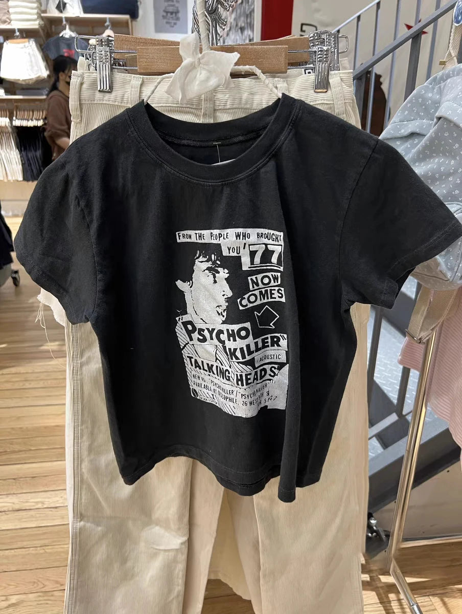 Vintage T Shirt Women Casual Summer White Round Neck Short
