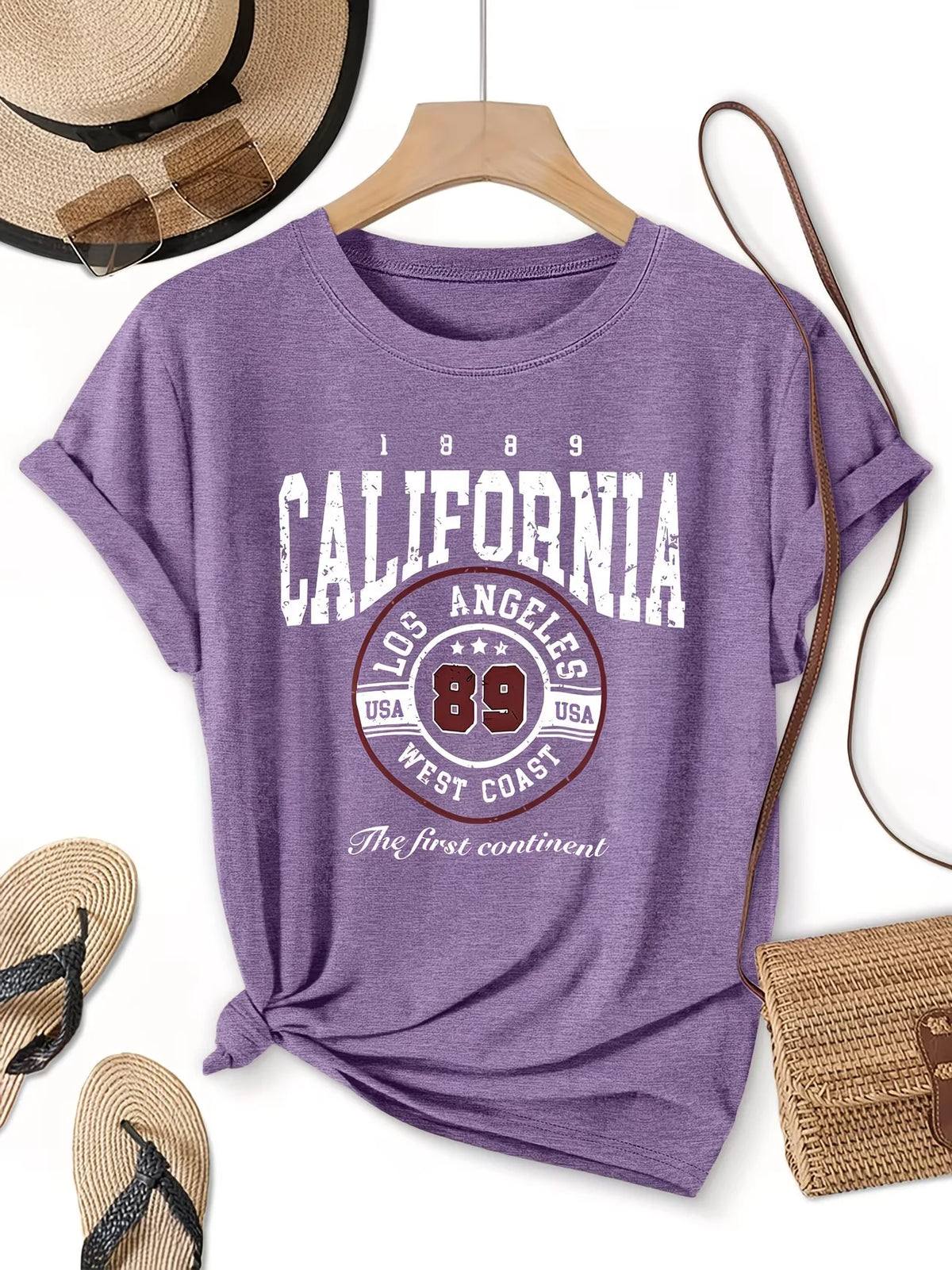 Crew Neck Short Sleeve Retro American Style California Los Angeles 89 Letter Print T Shirt Women's Outfits Casual Streetwear