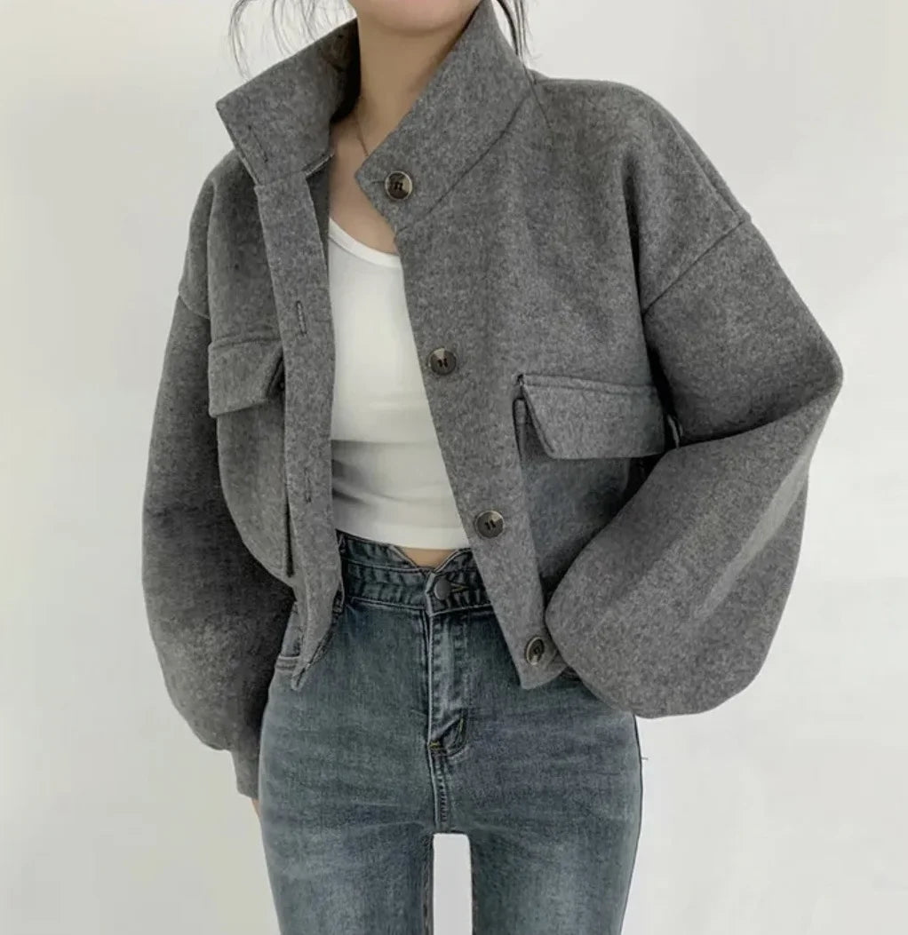Autumn Winter Short Sleeve Wide Loose Casual Wool Coat Women Solid Fashionable