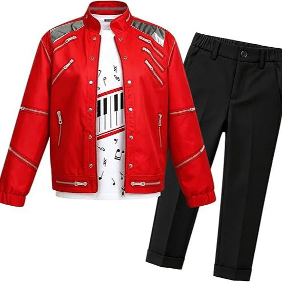 Kids Cosplay Dance Star Costume Set Red Printed 80s 90s Stage Party Outfit