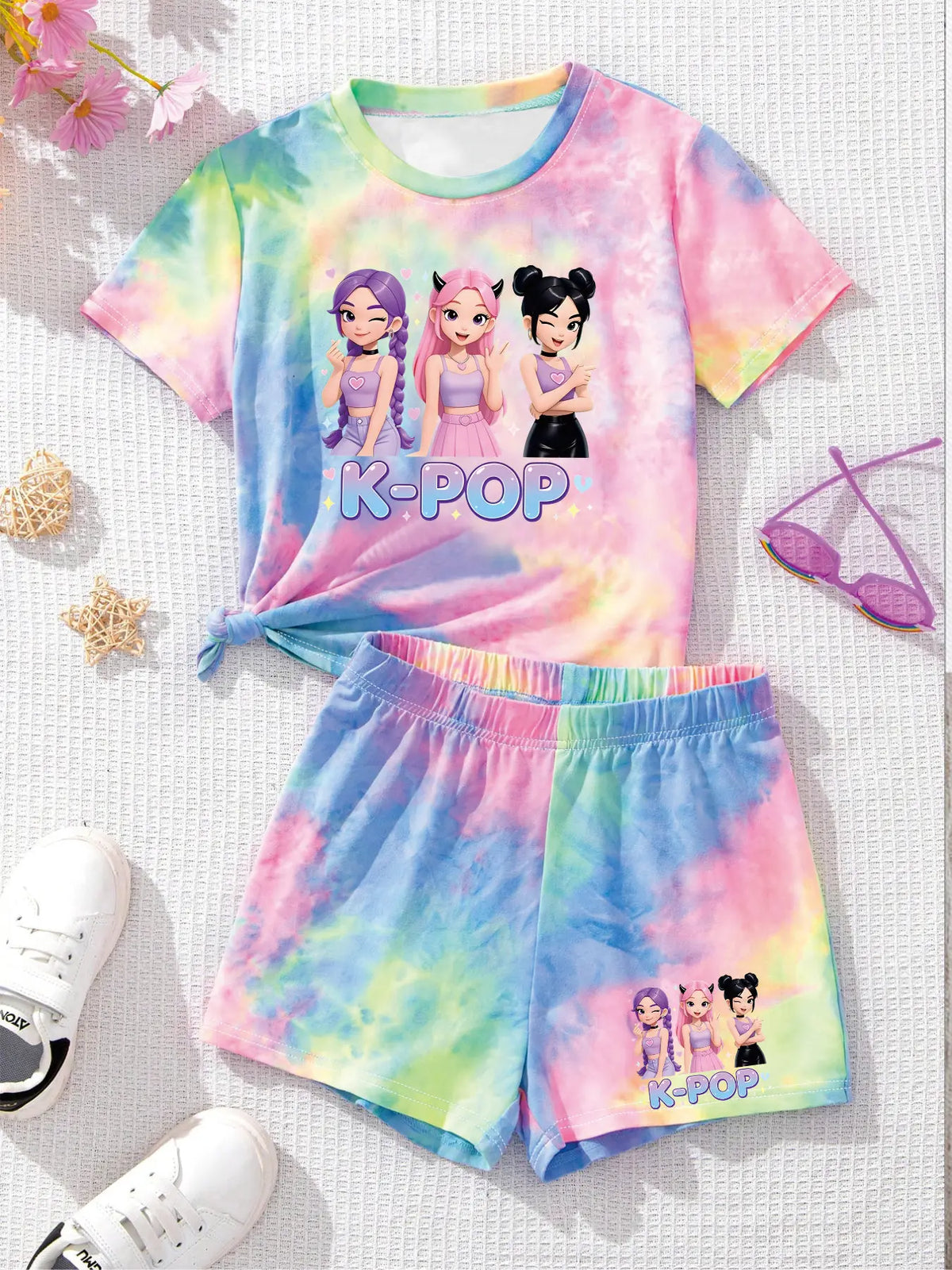 Girls 2Pcs Tie-Dye K-POP Cute Idol Print T-Shirt & Shorts