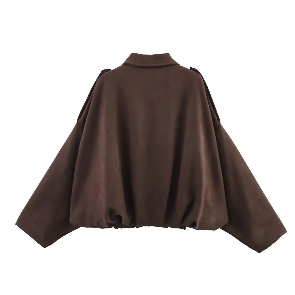 Women Suede Textured Jacket Long Sleeve Lapel Collar Loose Coats Casual Female Outerwear Chic Tops