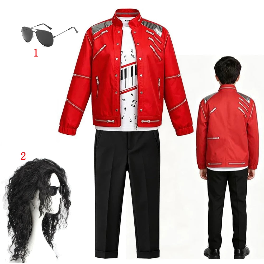 Kids Cosplay Dance Star Costume Set Red Printed 80s 90s Stage Party Outfit