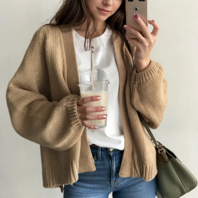 Autumn Fashion Women Loose Knitted Cardigan Short Sweater Jacket V Neck New Casual Office Solid Color Elegant Long Sleeve Coats