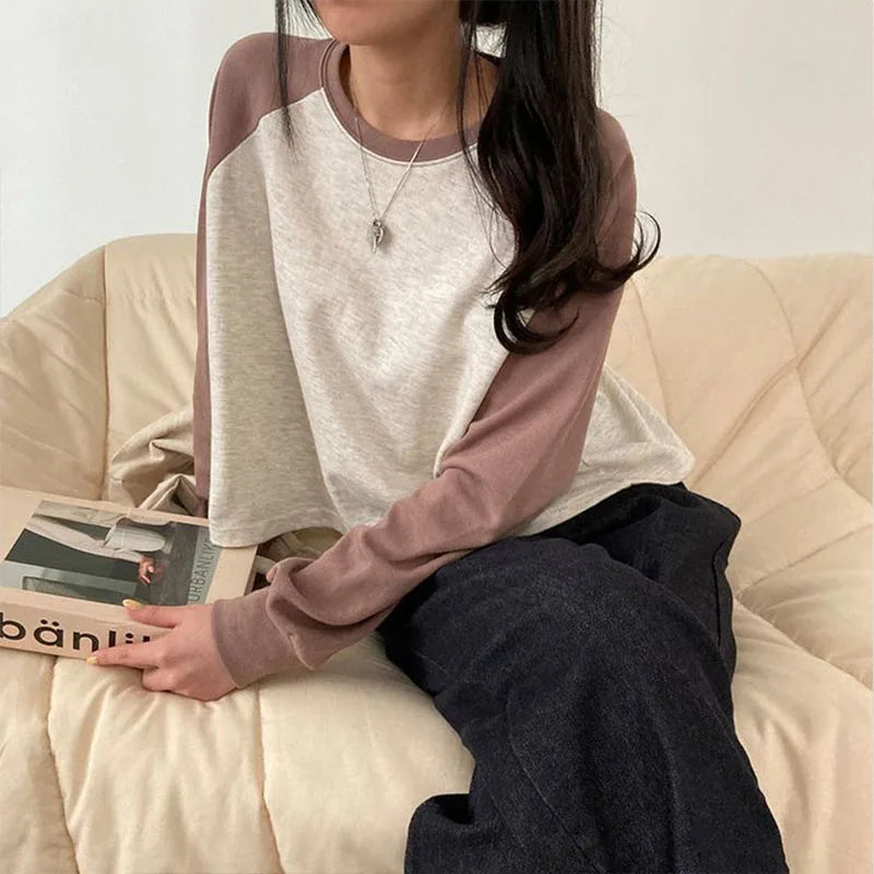 Women Spring Cotton Version Patchwork Tops Long Sleeve Sweet Loose Korean Style Leisure All-match Students