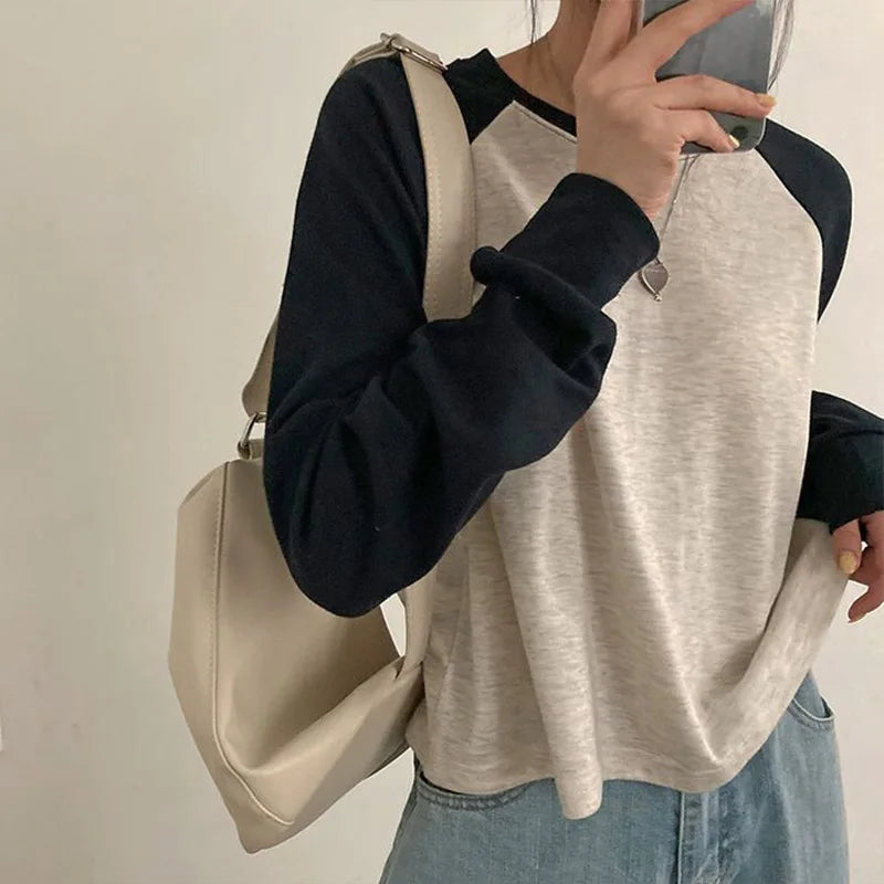 Women Spring Cotton Version Patchwork Tops Long Sleeve Sweet Loose Korean Style Leisure All-match Students