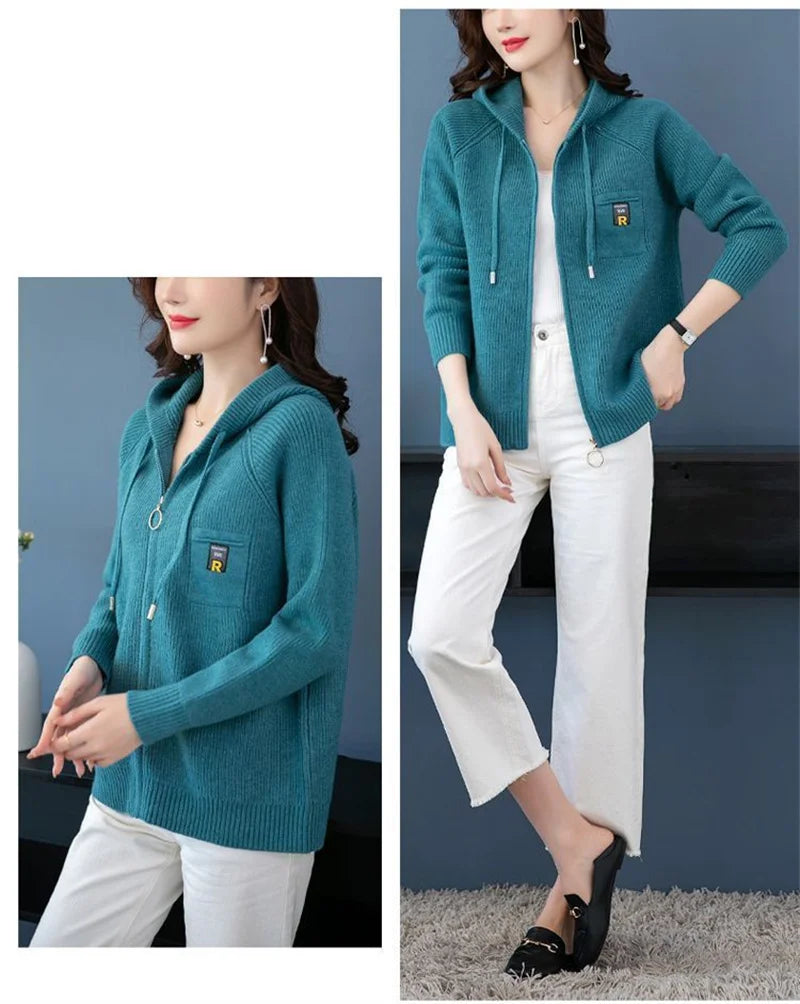 Fall/Winter New Knitted Cardigan Coat Women Hooded  Jacket Fashion