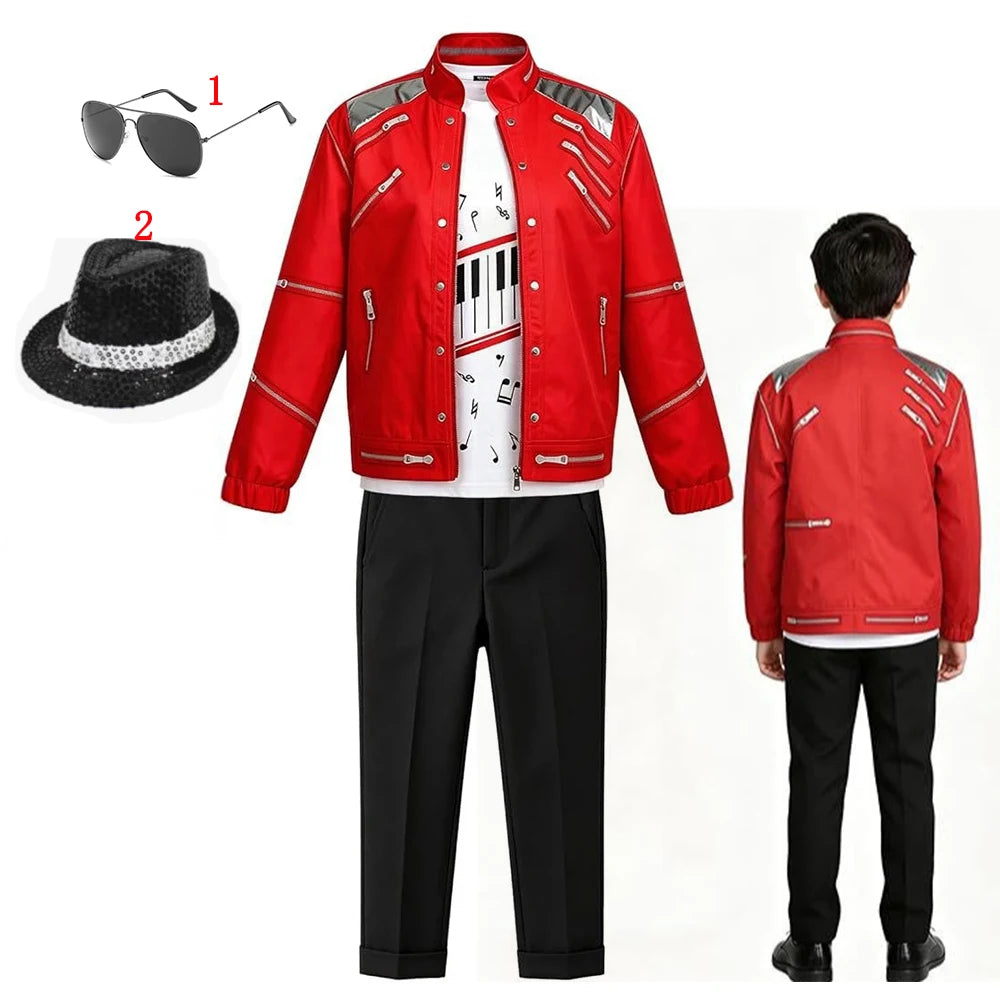 Kids Cosplay Dance Star Costume Set Red Printed 80s 90s Stage Party Outfit
