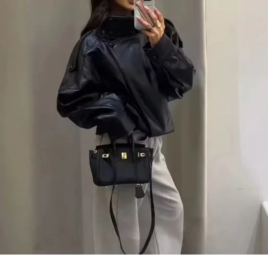 Women's Jacket 2026 Autunm  New Black Long Sleeve Pebble Faux Leather Jacket Motorcycle Style Personality Fashion