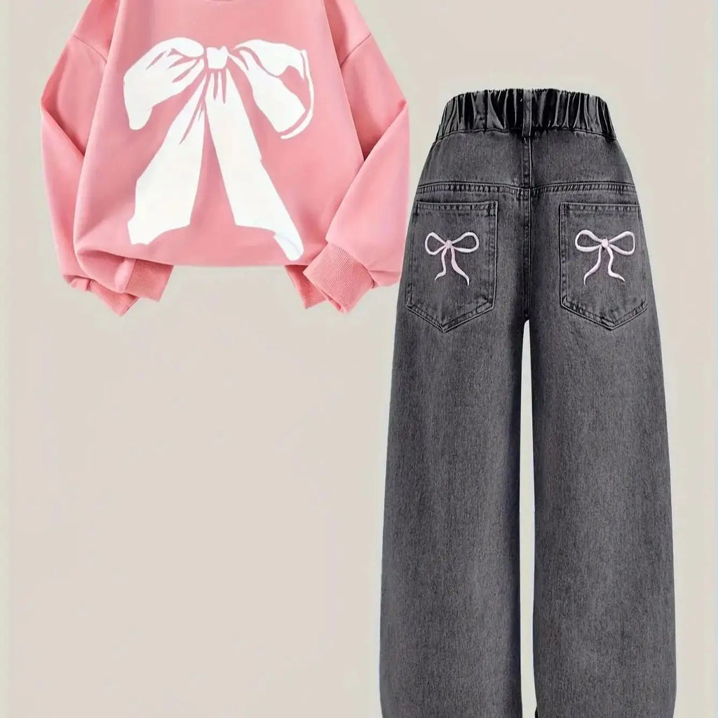 2 pcs Girls' Pink Hoodie + Black Denim Pants
