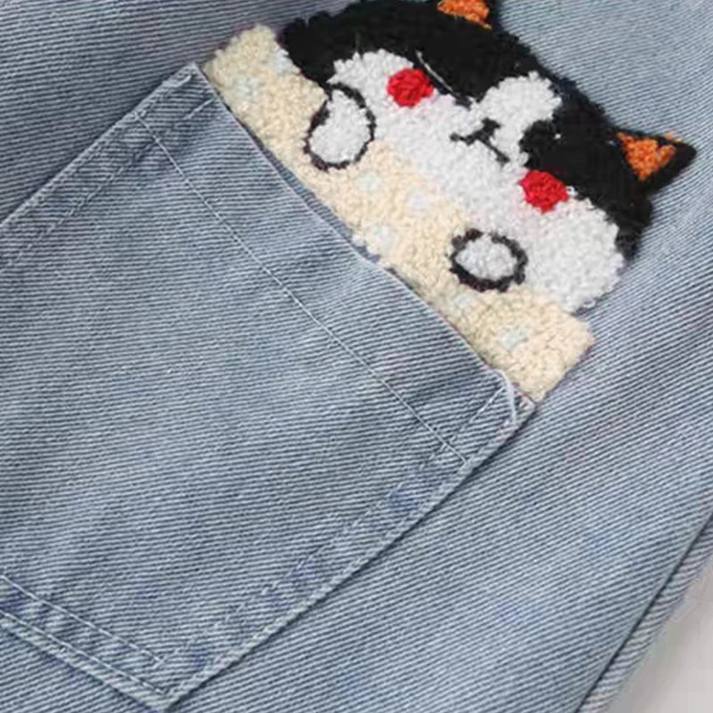 Girls Cat Embroidery Jeans
