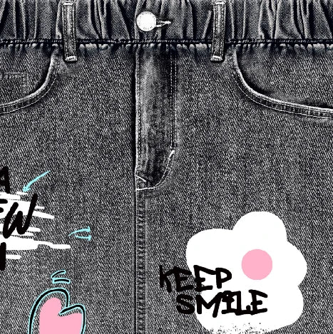 Girls' Y2K Cartoon Graffiti Print Jeans with Smiley Face