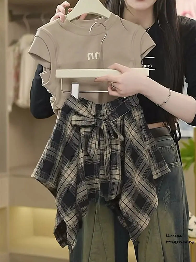 T-shirt+Plaid Irregular Skirt 2Pcs