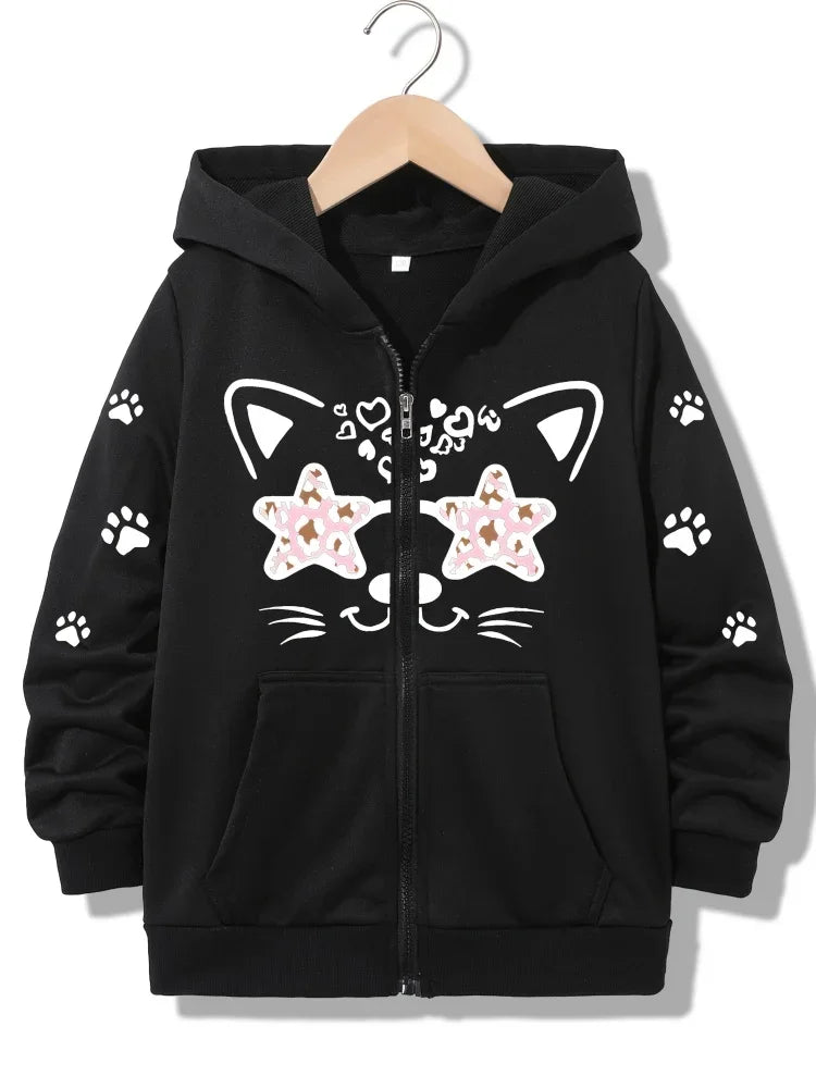 Girls Zip Up Hooded Jacket Leopard Star Eyed Cat Paw Heart Print