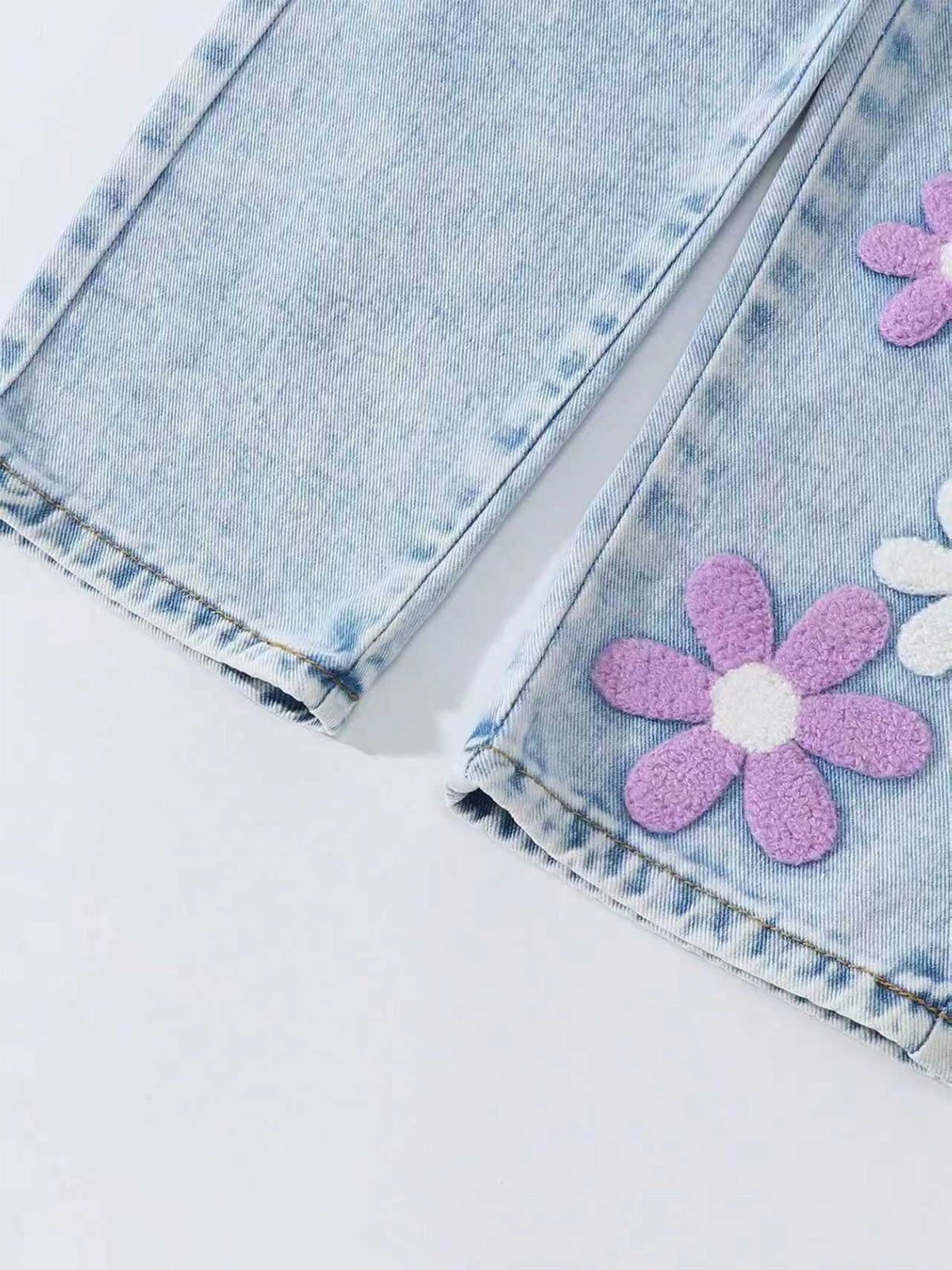 Girls' Floral-Printed Towel-Stitch Denim Jeans Versatile Casual Pants for Kids.
