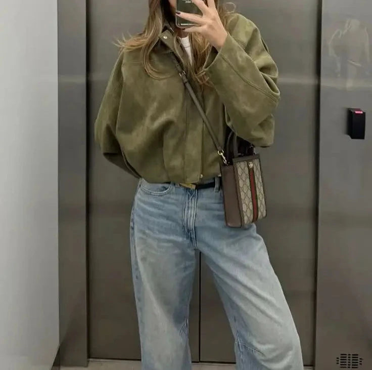 Women Suede Textured Jacket Long Sleeve Lapel Collar Loose Coats Casual Female Outerwear Chic Tops