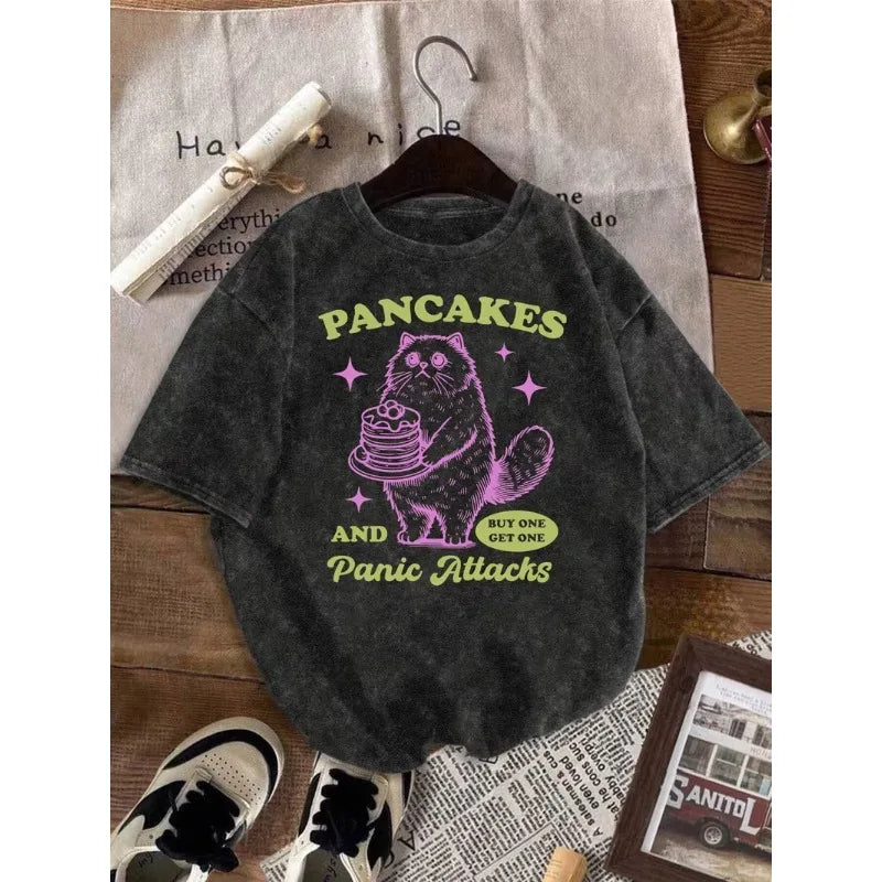 Cat Print T-Shirt Funny Mental Health Graphic Casual Crew Neck