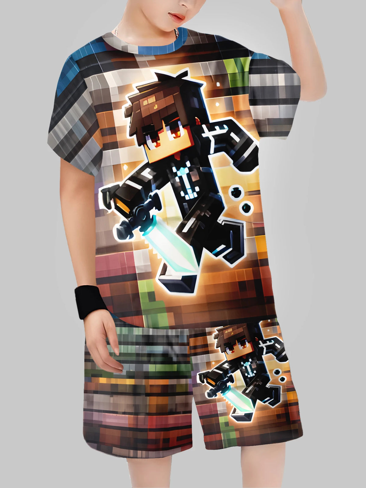 Block Man Digital Printing Casual Short + T-shirt Boys