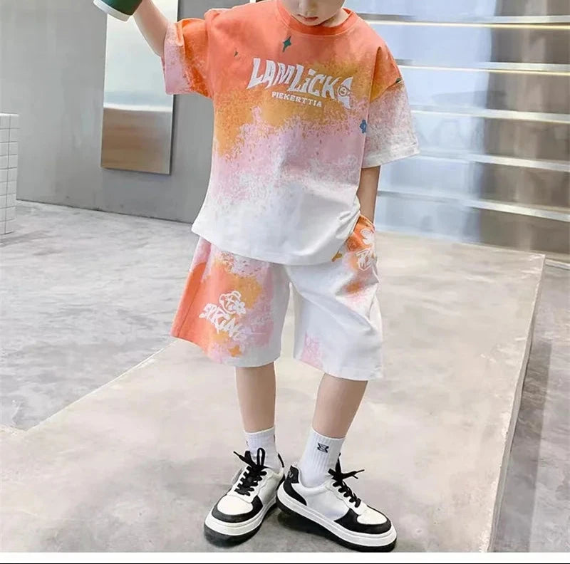 Tops+Shorts 2 Pcs Big Kids Casual Suits Children Print Outfits