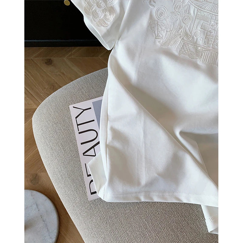 Women Clothing Summer Fashion Vintage Embroidery White Cotton Basic T Shirt Female Simple Casual O Neck Short Sleeve Loose Tops